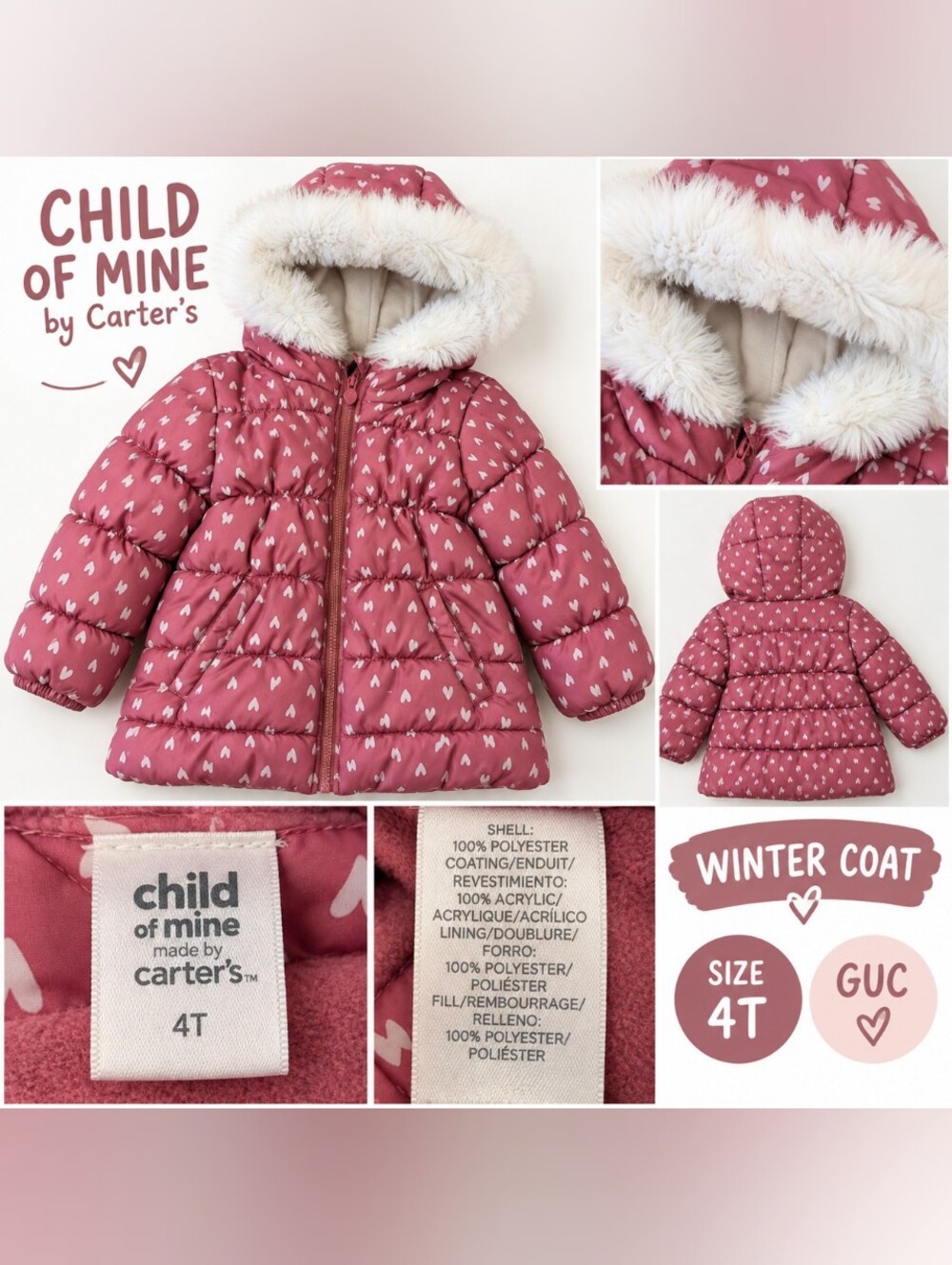 child of mine Rose Pink Heart Puffer Coat with Faux-Fur Hood